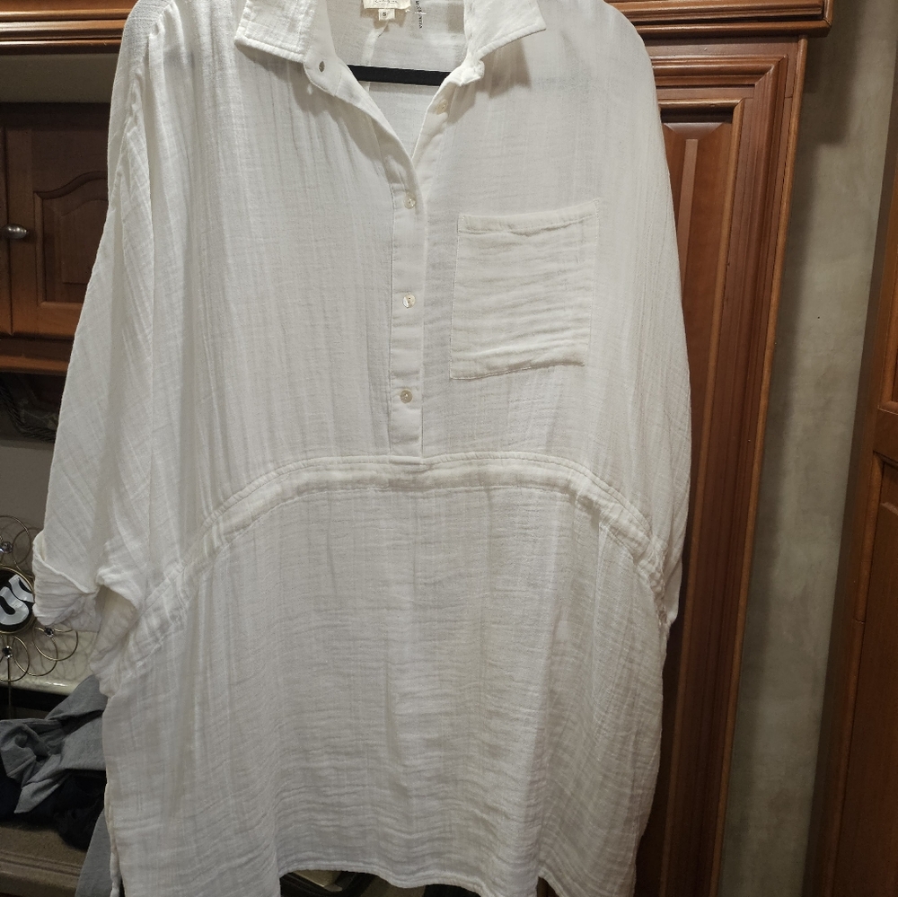 Elan Oversized Half Button Closure Drawstring Waist Tie With Pockets Tunic Small